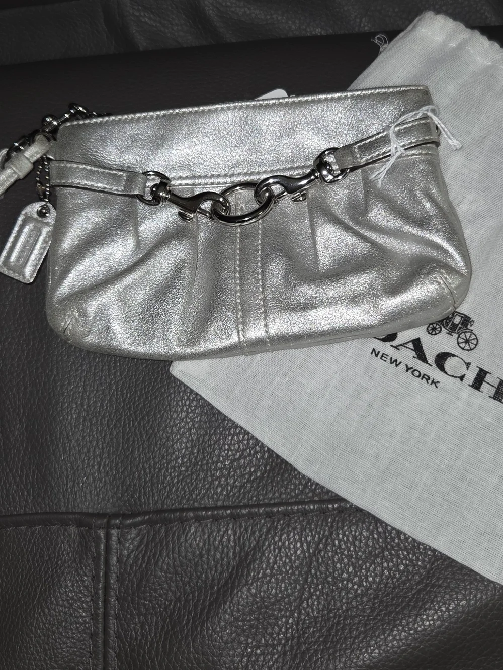 Coach Silver Metallic Wristlet Clutch With Dust Bag